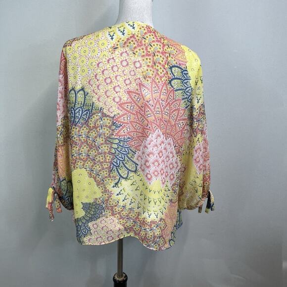 JM Collection Blouse Tunic size Large Pink Yellow Paisley Sheer Necklace Peasant - Picture 7 of 8